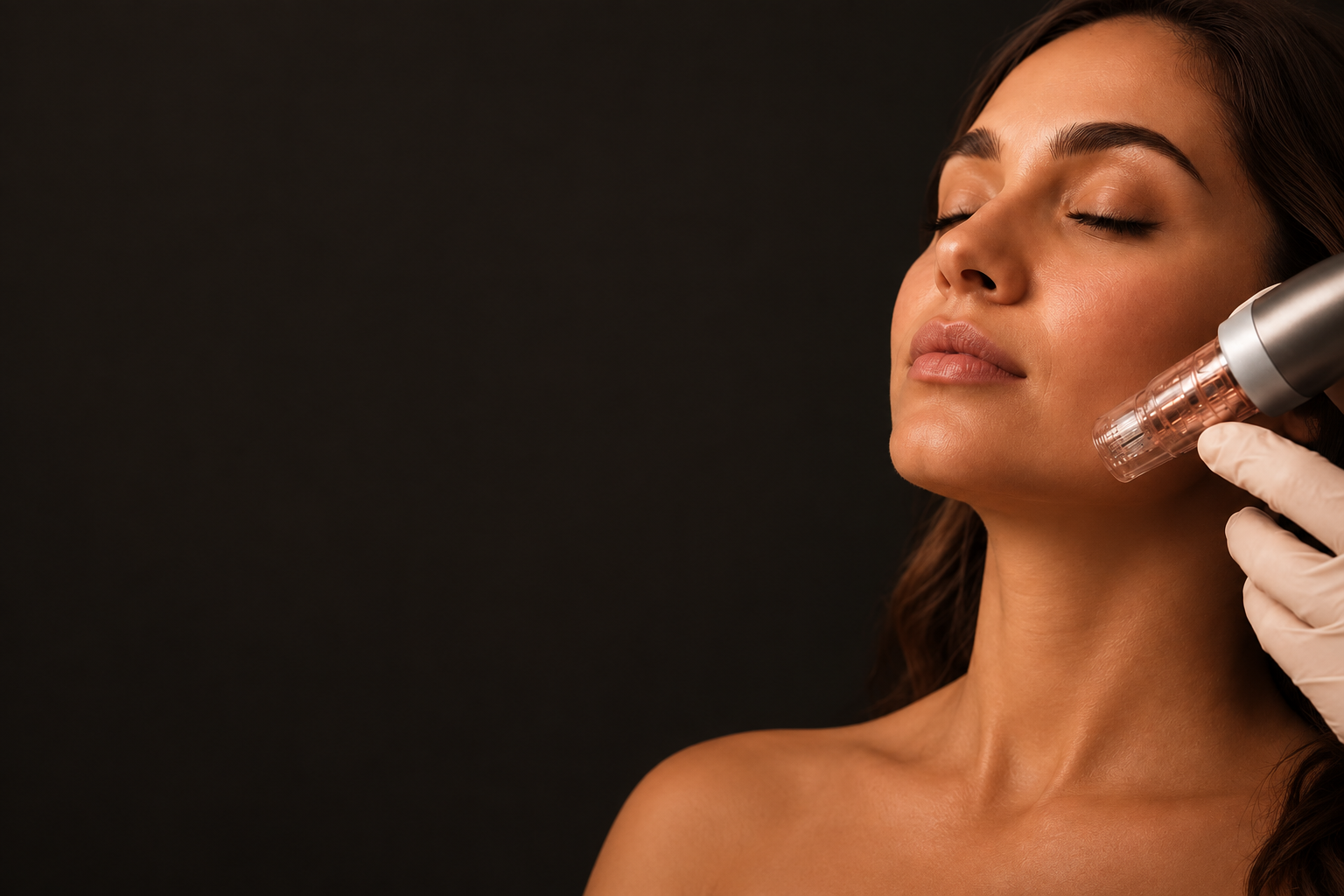 Cuidado facial com microagulhamento em atmosfera editorial